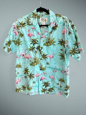 Ky's Hawaii Men's Shirt Pink Flamingo Palm Tree Aloha Shirt Size Medium